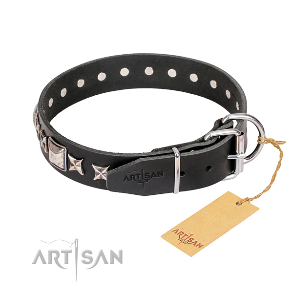 Daily walking natural genuine leather collar with decorations for your dog