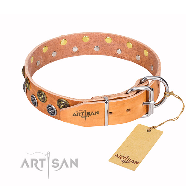 Exceptional natural genuine leather dog collar for walking