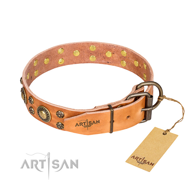 Handy use natural genuine leather collar with studs for your dog
