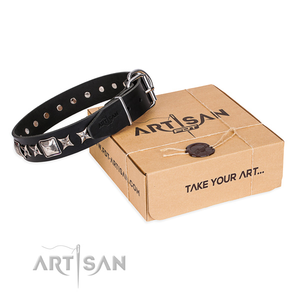 Studded genuine leather dog collar for easy wearing