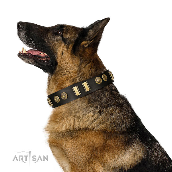 Corrosion proof buckle on genuine leather dog collar for comfy wearing