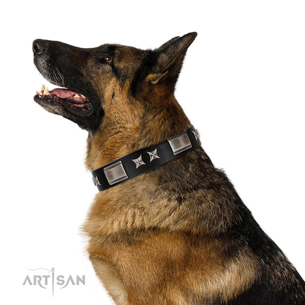 Comfortable wearing soft natural leather dog collar with embellishments