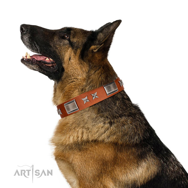 Easy wearing gentle to touch genuine leather dog collar with decorations