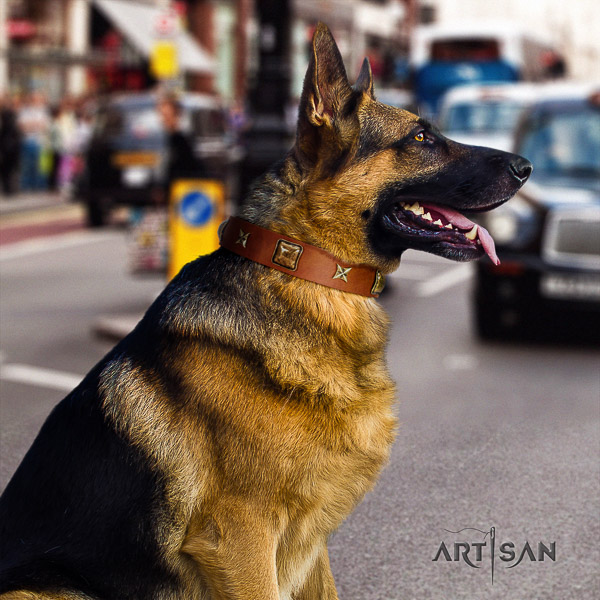 German Shepherd Dog stylish design studded natural genuine leather dog collar