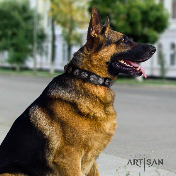 German Shepherd easy adjustable genuine leather dog collar with impressive decorations