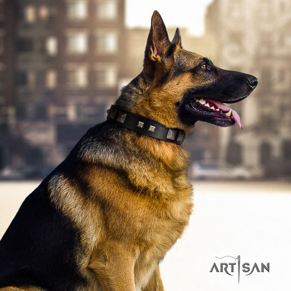 German Shepherd easy adjustable full grain leather collar with embellishments for your four-legged friend