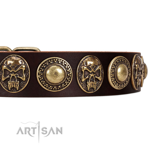 Leather dog collar with adornments for comfy wearing