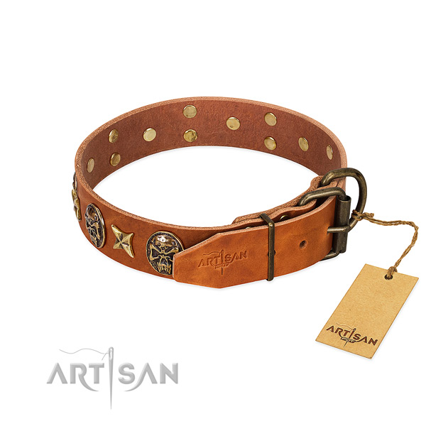 Full grain natural leather dog collar with strong fittings and adornments