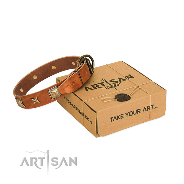 Decorated full grain natural leather collar for your attractive doggie