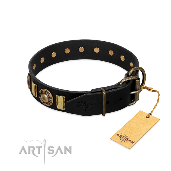 Flexible full grain genuine leather dog collar with adornments