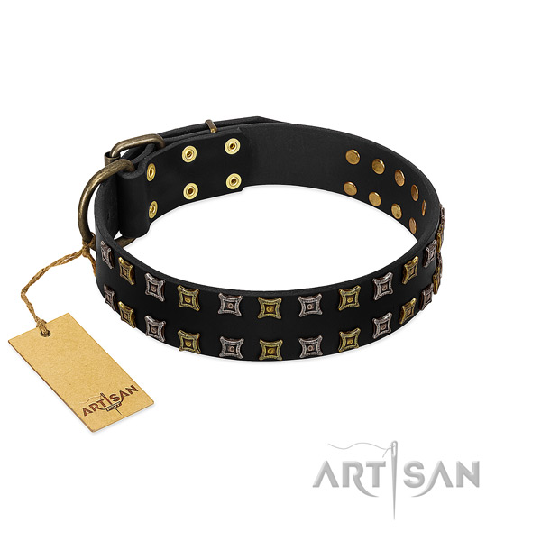 Flexible full grain natural leather dog collar with decorations for your pet