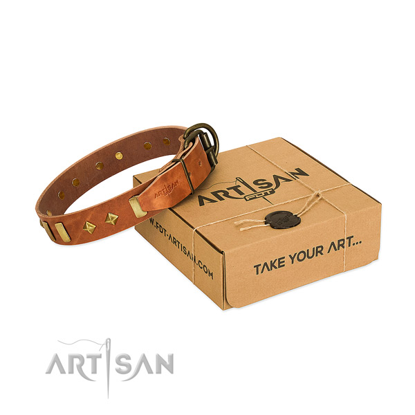 Easy wearing flexible genuine leather dog collar with adornments