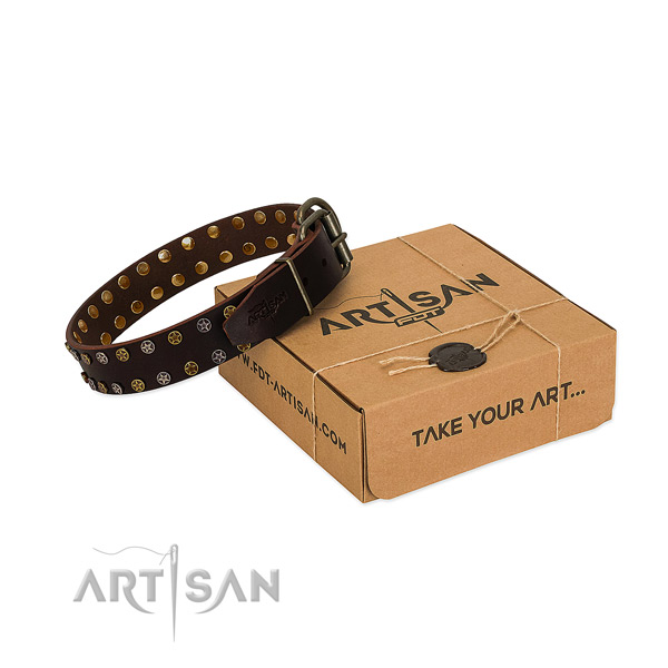 Comfy wearing reliable full grain natural leather dog collar with adornments