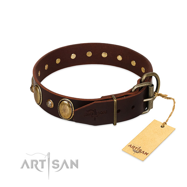 Reliable D-ring on natural genuine leather collar for fancy walking your four-legged friend