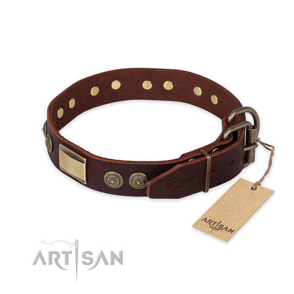 Durable hardware on full grain genuine leather collar for walking your doggie