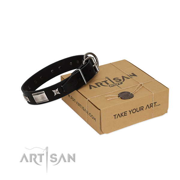 Gentle to touch genuine leather dog collar with reliable hardware