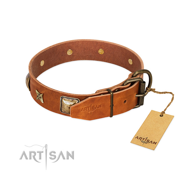 Genuine leather dog collar with durable traditional buckle and decorations