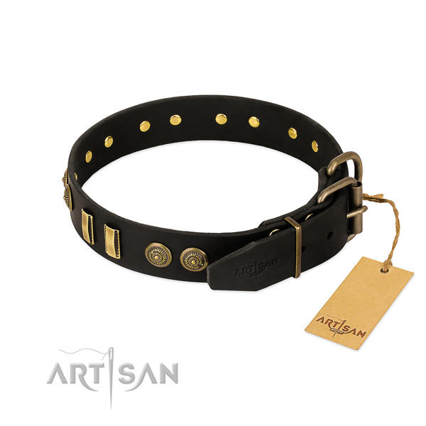 Corrosion resistant traditional buckle on full grain natural leather dog collar for your doggie