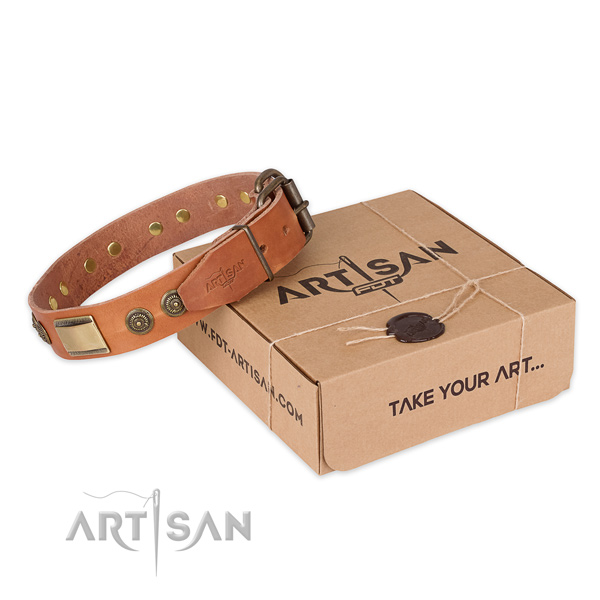 Reliable hardware on full grain natural leather dog collar for comfy wearing