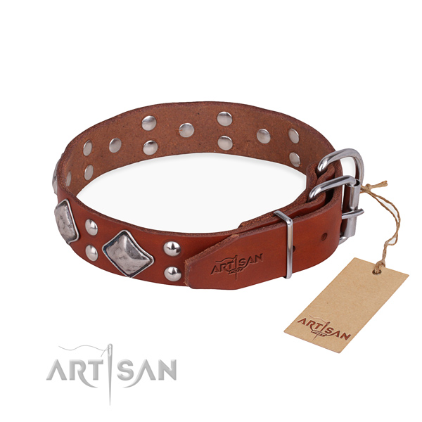 Genuine leather dog collar with top notch rust-proof decorations