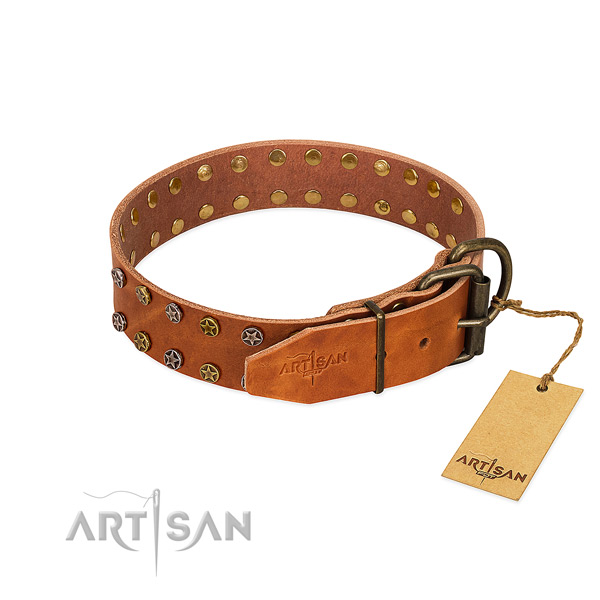 Comfortable wearing full grain natural leather dog collar with stylish design embellishments