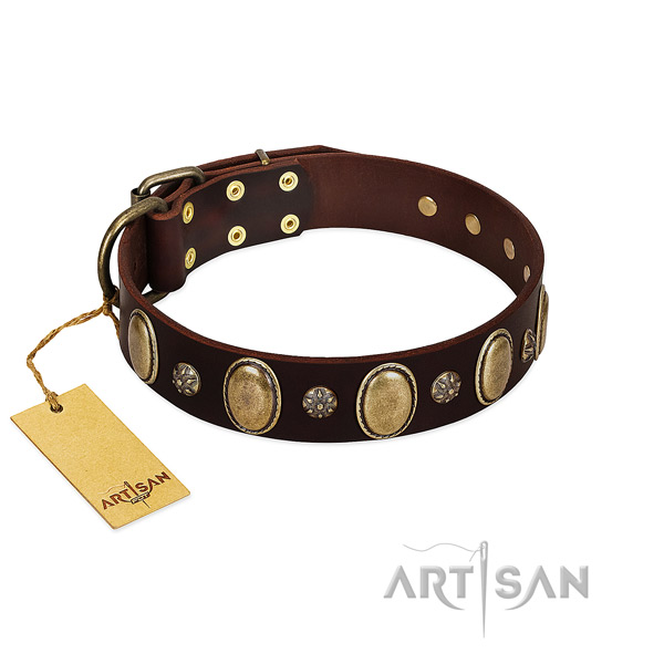 Comfortable wearing soft to touch full grain leather dog collar with embellishments